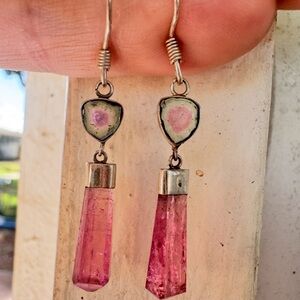Custom made genuine watermelon tourmaline/pink tourmaline earrings-new